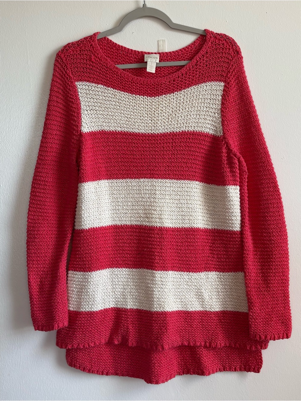 Chico's Coral Red/White Striped Round Neck Knit Pullover Sweater Metallic M 1